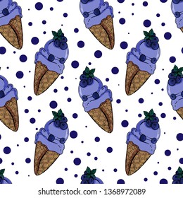 Vector seamless pattern. Isolated objects on white background. Summer theme. Ice cream and decor. Blueberries, waffles, violet ice cream. Hand drawn. Great for wallpaper, fabric, textile, wrapping.