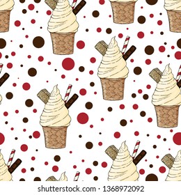 Vector seamless pattern. Isolated objects on white background. Summer theme. Ice cream and decor. Vanilla, chocolate, waffles, candy cane. Hand drawn. Great for wallpaper, fabric, textile, wrapping.