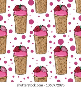 Vector seamless pattern. Isolated objects on white background. Summer theme. Ice cream and decor. Waffles, strawberry, pink ice cream. Hand drawn. Great for wallpaper, fabric, textile, wrapping.