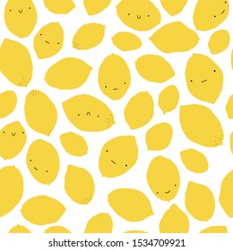 Vector seamless pattern isolated on white background. Smiling, sad and confused lemons with cute faces. 