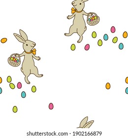 Vector seamless pattern isolated on white background. Easter rabbits carry baskets and hide eggs in grass.Can be used for fabric, wrapping paper.