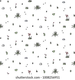 Vector seamless pattern with isolated outline cartoon rock, flowers. Hand drawn illustration of plant and stone. Drawing for print, fabric.