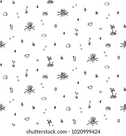 Vector seamless pattern with isolated outline cartoon rock, flowers. Hand drawn illustration of plant and stone. Drawing for print, fabric.