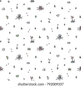 Vector seamless pattern with isolated outline cartoon rock, flowers. Hand drawn illustration of plant and stone. Drawing for print, fabric.