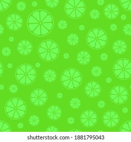 Vector seamless pattern. Isolated round slices of citrus fruits, lime, lemon, different sizes, randomly distributed over the background. Template design for holiday packaging, prints, web design.