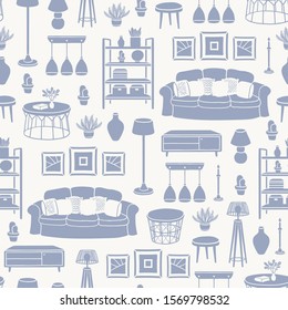 Vector seamless pattern with isolated silhouettes of living room furniture and houseplants on beige background. Pattern on the theme of home interior design