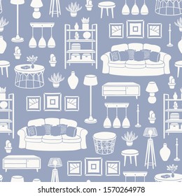 Vector seamless pattern with isolated silhouettes of living room furniture and houseplants on gray background. Pattern on the theme of home interior design