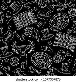 Vector seamless pattern with isolated soccer symbols on black color. Pattern on the theme of football. Background for use in design
