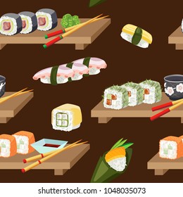 Vector seamless pattern of isolated sushi and sushi on a ghee platter. On a dark brown background