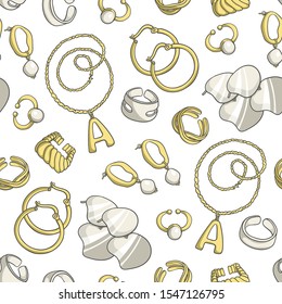Vector seamless pattern with isolated women's jewelry and accessories on white color. Background on the theme of fashion and beauty