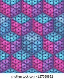 Vector seamless pattern. Isometric cubes made of hexagon particles. Shades of blue, purple and pink colors.