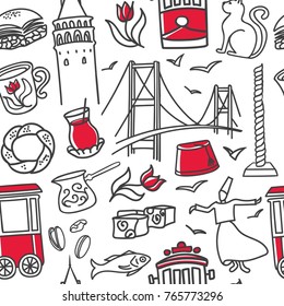 Vector seamless pattern Istanbul. Hand drawn doodle symbols with black outline and red color on white background. Modern clear line design for touristic print, backdrop, wrapping paper or wallpaper. 