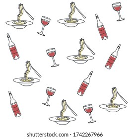 Vector seamless pattern with Italian drink and food. Red wine and spaghetti.