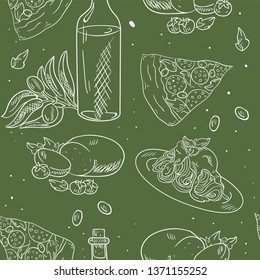 Vector seamless pattern with Italian food, mozzarella, pasta, pizza, olive oil on green background. Good for printing. Wallpaper and fabric design. Wrapping paper pattern.