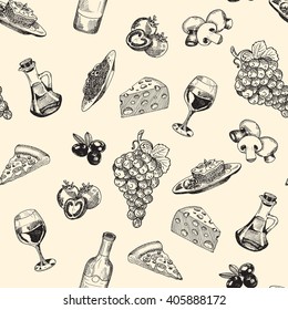 Vector seamless pattern of italian food. Background consist of grapes, tomatoes, pizza, glass with wine, bottle, olives oil, lasagna, pasta. mushrooms, olives and cheese. Hand drawn sketch art style. 