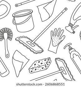 Vector seamless pattern with items for cleaning the house in doodle style. Drawing for various projects with linear equipment for cleaning. Image of rags, bucket and sponges