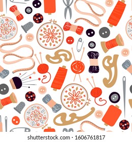 Vector seamless pattern with items and materials for sewing, capturing and embroidery. Colorful vector illustration in flat cartoon style. Red modern style tools on a white isolated background.