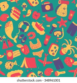 vector seamless pattern with items related to traveling in retro color scheme on dark green background