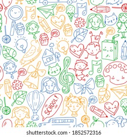 Vector seamless pattern with items for school. Online internet education, e-learning.