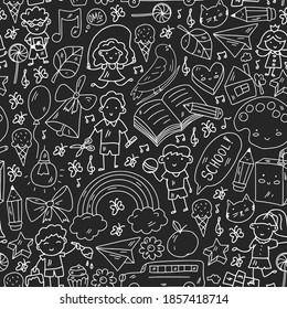 Vector seamless pattern with items for school. Online internet education, e-learning.