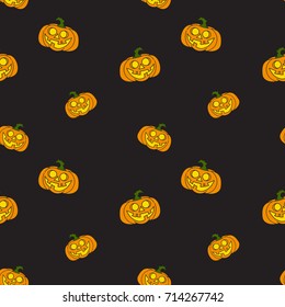 Vector seamless pattern with jack o lantern pumpkin on black background. Good for gift cards, invitation, textile, wrapping paper design.
