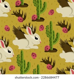 Vector seamless pattern with jackalopes, cacti and roses.