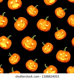 Vector seamless pattern with Jack-O-Lanterns (Halloween pumpkins) on a black background.