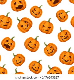 Vector seamless pattern with Jack-O-Lanterns (Halloween pumpkins) on a white background.