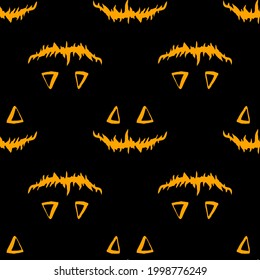 vector seamless pattern of Jack's pumpkin face in orange color on a black background. a pattern of triangular eyes and a creepy mouth drawn by hand in orange color geometrically arranged Halloween 