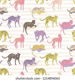 Vector seamless pattern with jaguars. Going, staying, sleeping, jumping. Tropic wild animals and plants in folk naive style. Bright colors
