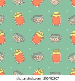 Vector seamless pattern with jam and cups on green background
