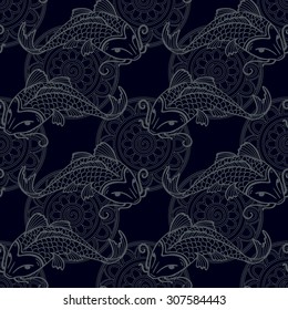 Vector seamless pattern with japanese carps koi - symbol of luck, love and independence - dark blue and black