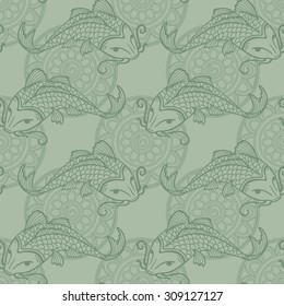 Vector seamless pattern with japanese carps koi - symbol of luck, love and independence - grey-green colors