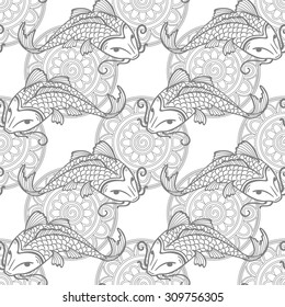 Vector seamless pattern with japanese carps koi - symbol of luck, love and independence - outline coloring