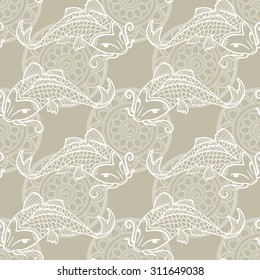 Vector seamless pattern with japanese carps koi - symbol of luck, love and independence - light gray