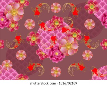 Vector seamless pattern with Japanese cherry blossom paper cut. Floral trendy stylish wallpaper.vector illustration.