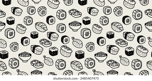 Vector and seamless pattern with Japanese cuisine of fish and rice. Sushi pattern black and white.
