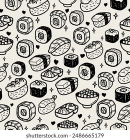 Vector and seamless pattern with Japanese cuisine of fish and rice. Sushi pattern black and white. Seamless background sushi.