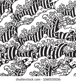 Vector seamless pattern with Japanese great wave in a vintage retro engraved etching woodcut style.Graph drawing of a sea wave. Engraving, tattoo, line art. Vector illustration monochrome