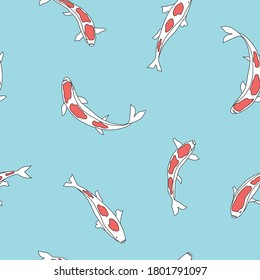 Vector seamless pattern with Japanese koi fish. Mint background