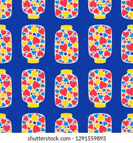 Vector seamless pattern with  jar. Hand drawn bank with hearts. Love theme background.