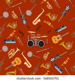 Vector seamless pattern with jazz music instruments.