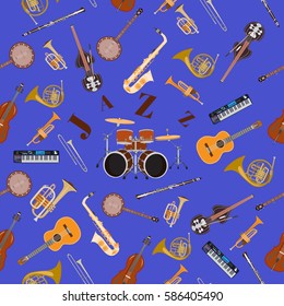 Vector seamless pattern with jazz music instruments.