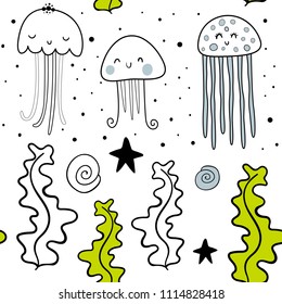 Vector seamless pattern with jellyfish and algae. Baby print. Scandinavian motives

