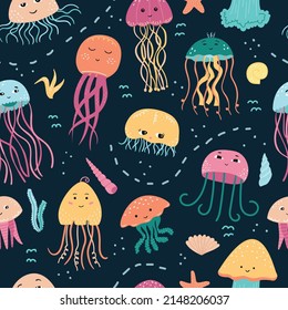 Vector seamless pattern with jellyfish, algae and shells in cartoon style.