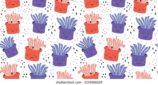 Vector seamless pattern with jellyfish, algae and shells in cartoon style.