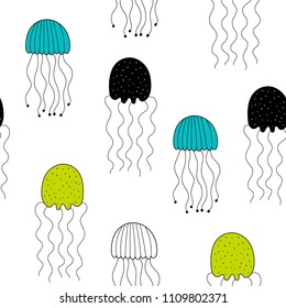 Vector seamless pattern with jellyfish. Baby print. Scandinavian motives
