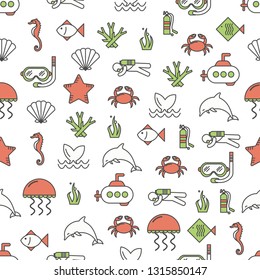 Vector seamless pattern with jellyfish exotic fish dolphin, whale tail, seahorse crab corals seashell submarine, snorkeling mask, aqualung diver etc. Thin line art flat sea world background, wallpaper