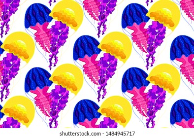 Vector seamless pattern with jellyfish in heart shape. Sea medusa. Colorful marine life. Underwater creature. Design for attributes of water park, aquarium. Wrapping paper, package, wallpaper, textile