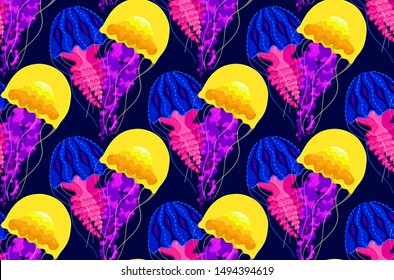 Vector seamless pattern with jellyfish in heart shape. Sea medusa. Colorful marine life. Underwater creature. Design for attributes of water park, aquarium. Wrapping paper, package, wallpaper, textile